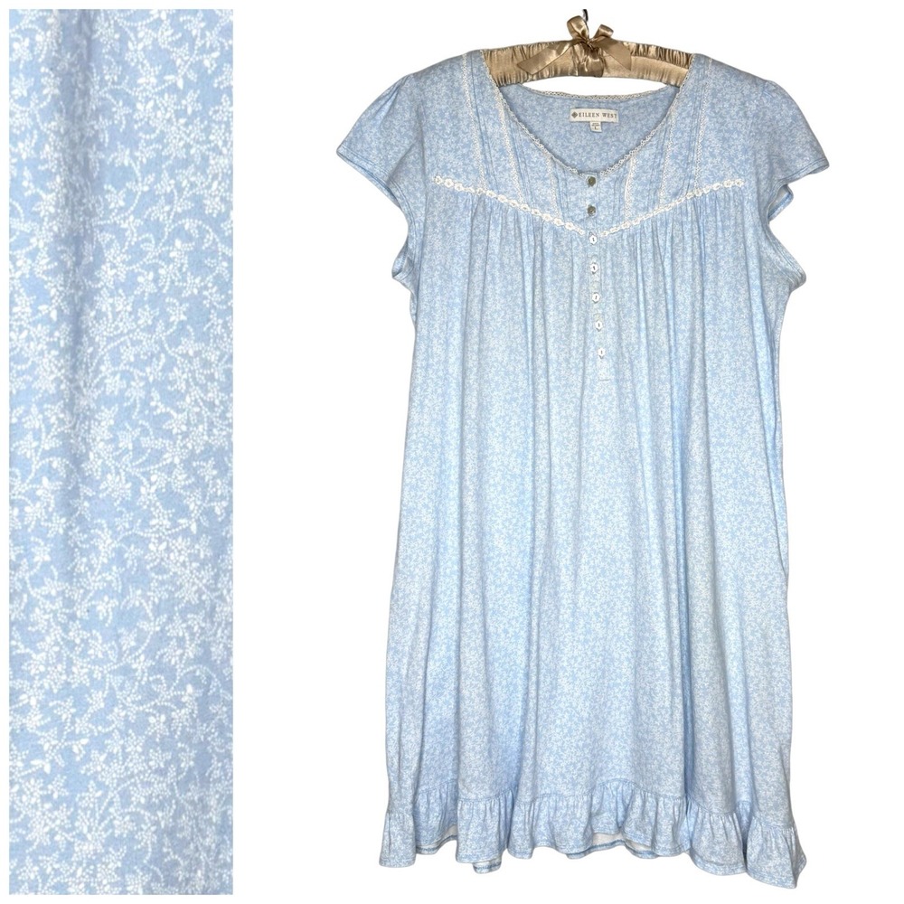 Eileen West Nightgown L Blue Floral Cotton Cottagecore Traditional Pajama Dress